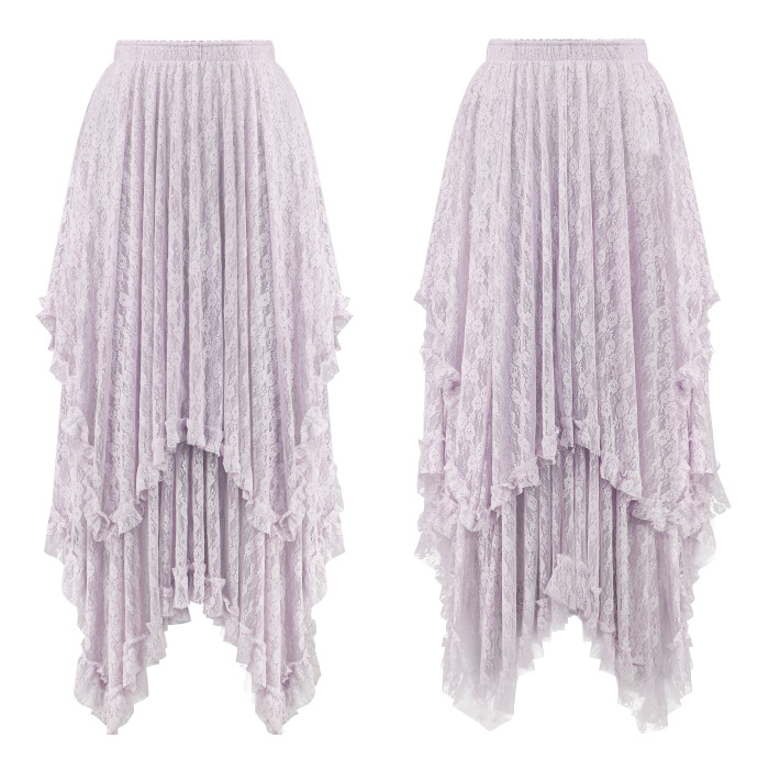 R.Vivimos Women Lace Long Skirts Summer Elastic Asymmetrical Layered Hem Sexy See-Through Beach Floral Maxi Skirts