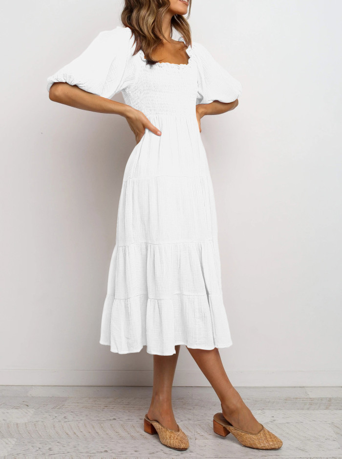 R.Vivimos Women's Summer Linen Lantern Sleeves Ruffled Off Shoulder A-Line Midi Dresses