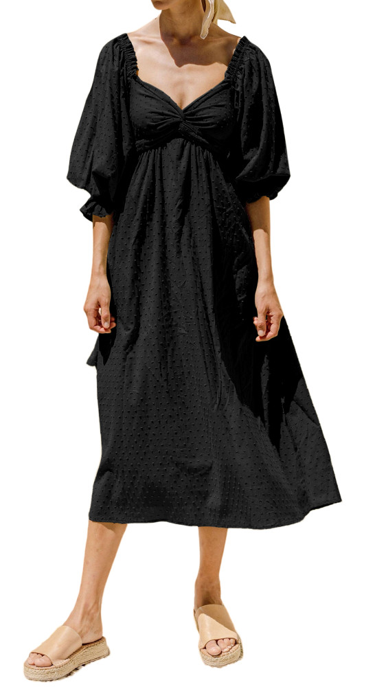 R.Vivimos Women's Summer Boho Cotton Puff Sleeve Dress Swiss Dots Lace Up Smocked Casual A-Line Flowy Midi Dress