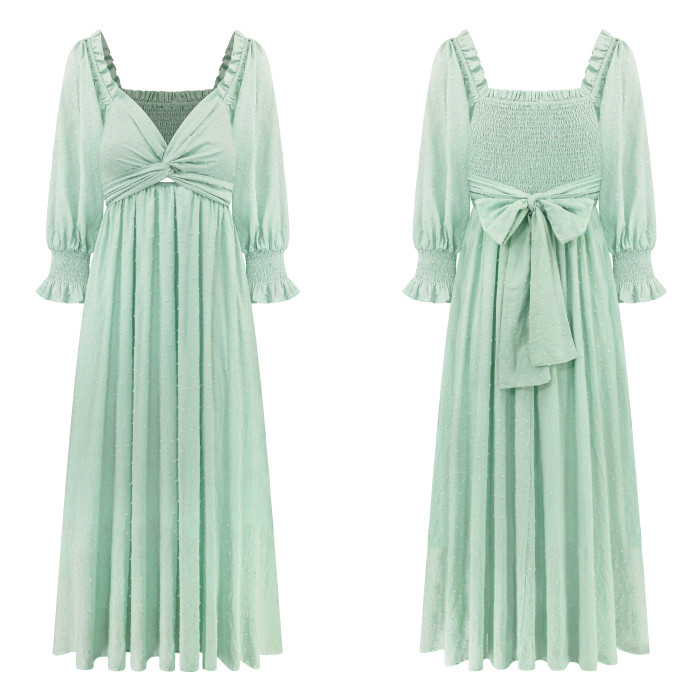 R.Vivimos Women's Summer Boho Cotton Puff Sleeve Dress Swiss Dots Lace Up Smocked Casual A-Line Flowy Midi Dress