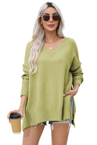 R.Vivimos Women's Oversized Sweater Fall Long Sleeve V Neck Loose Casual Tops Chunky Knit Pullover Side Slit Warm Sweater