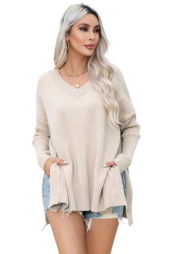 R.Vivimos Women's Oversized Sweater Fall Long Sleeve V Neck Loose Casual Tops Chunky Knit Pullover Side Slit Warm Sweater