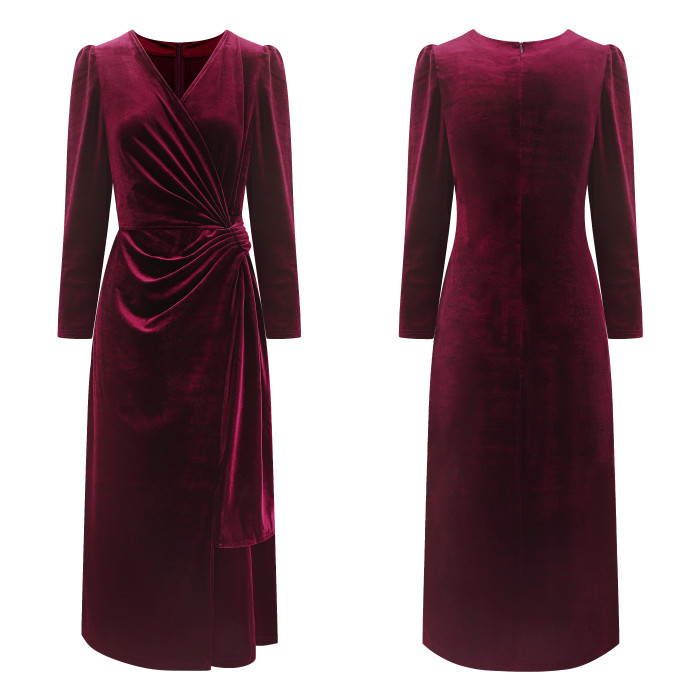 R.Vivimos Womens Velvet V Neck Wrap Dress Fall Winter Long Sleeve Waist Ruched Elastic Elegant Midi Dress