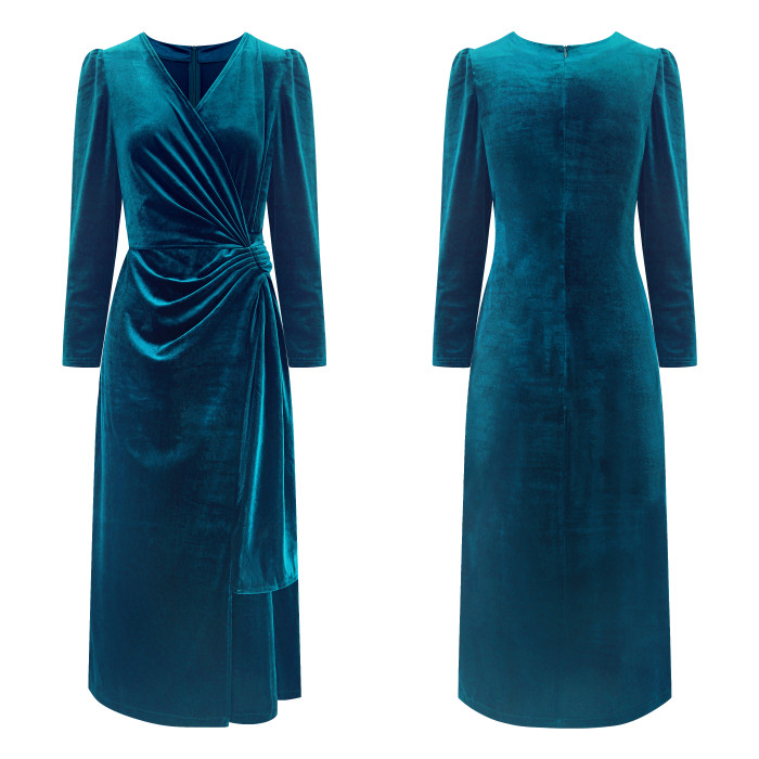 R.Vivimos Womens Velvet V Neck Wrap Dress Fall Winter Long Sleeve Waist Ruched Elastic Elegant Midi Dress