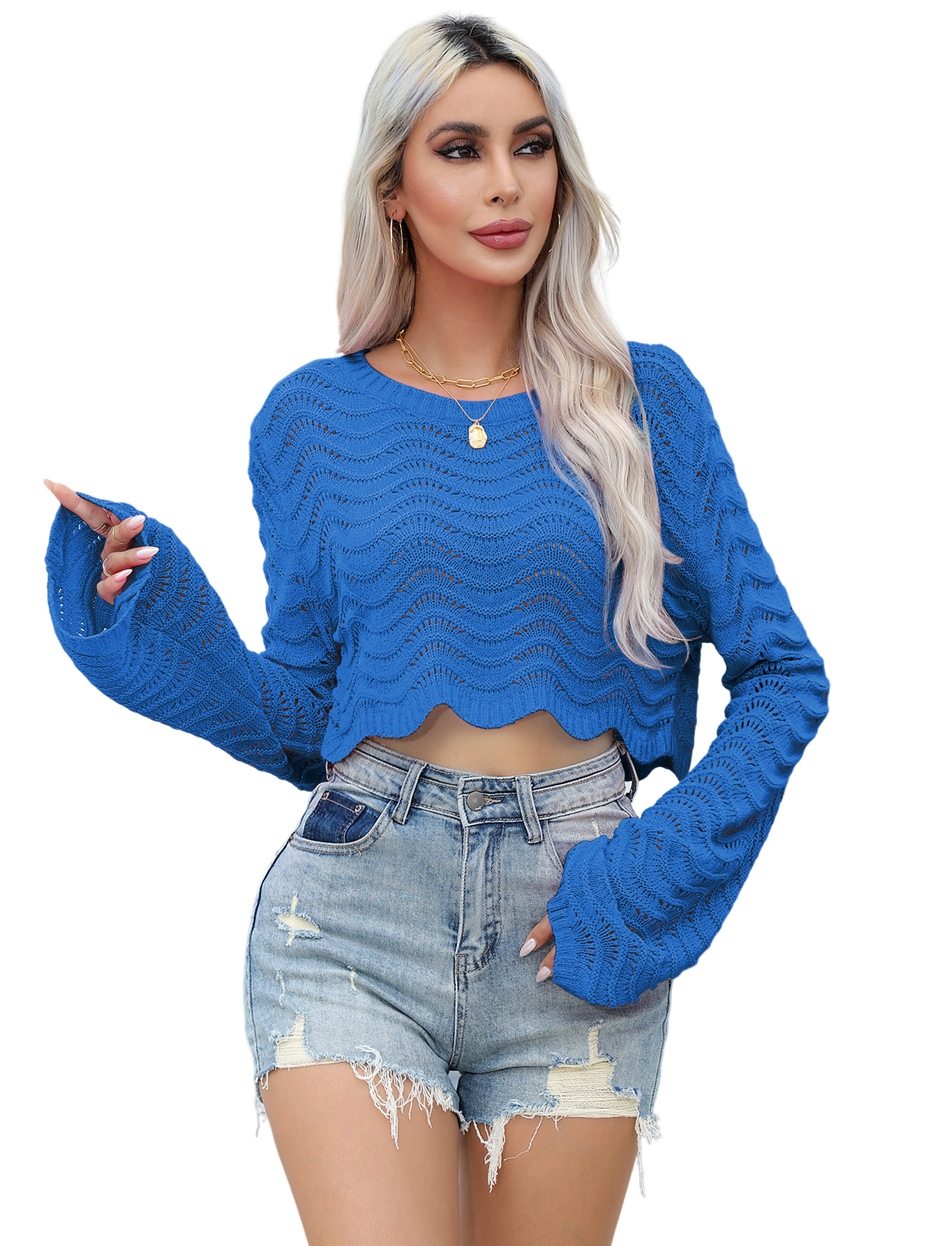 R.Vivimos Womens Cropped Sweater Long Sleeve Crew Neck Casual Tops Fashion Hollow Out Elastic Loose Knit Sweater Pullover2