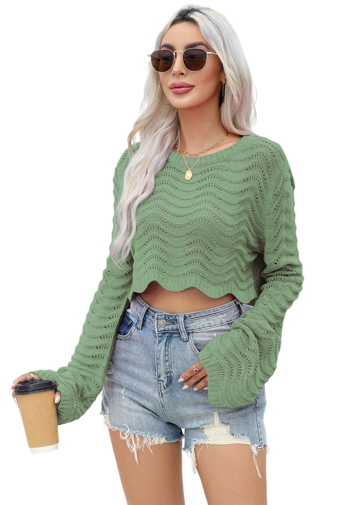 R.Vivimos Womens Cropped Sweater Long Sleeve Crew Neck Casual Tops Fashion Hollow Out Elastic Loose Knit Sweater Pullover