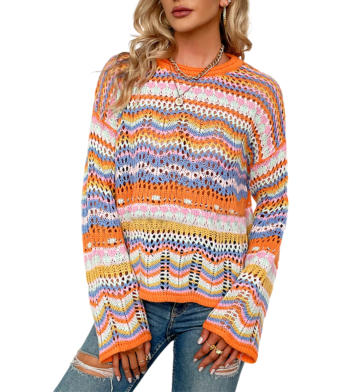 R.Vivimos Women's Fall Winter Long Sleeve Striped Hollow Out Pullover Sweater Casual Loose Knit Jumper Top2