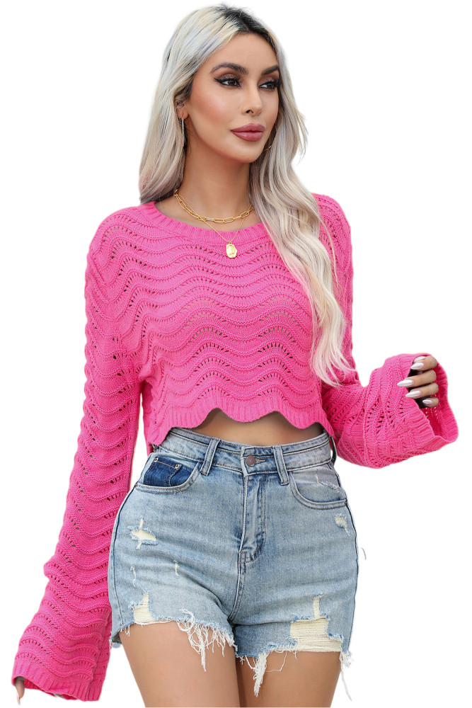 R.Vivimos Womens Cropped Sweater Long Sleeve Crew Neck Casual Tops Fashion Hollow Out Elastic Loose Knit Sweater Pullover
