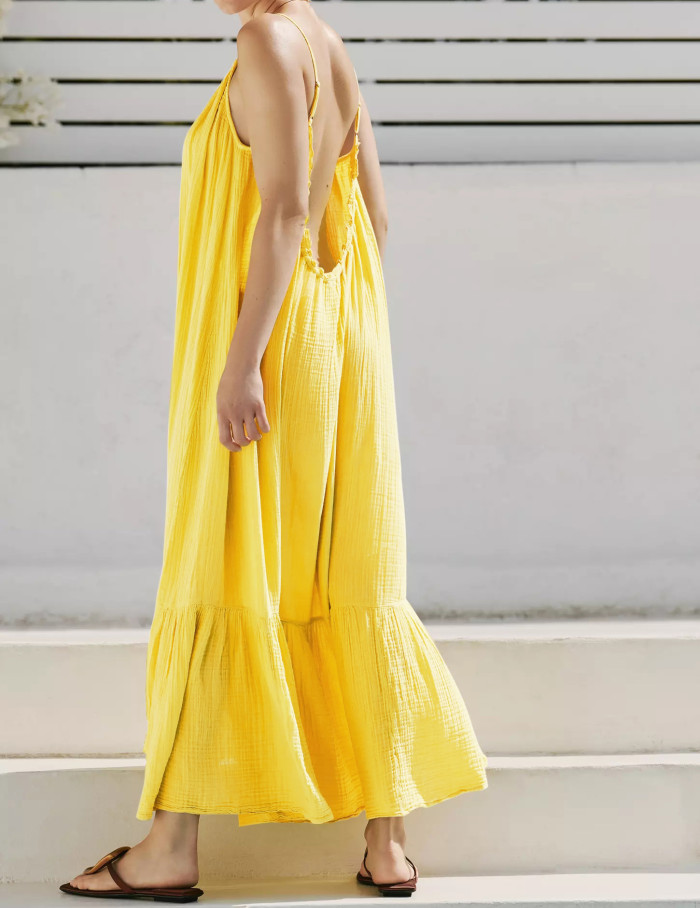 R.Vivimos Women's Summer Cotton Maxi Dress Adjustable Spaghetti Strap Boho Casual Backless Ruffle Loose Fit Flowy Dress