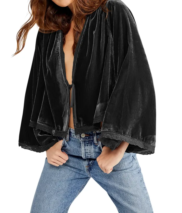 R.Vivimos Women's Fall Velvet Casual Jackets Bell Long Sleeve Tie Front Lace Trim Loose Vintage Kimono Cardigan Short Coat