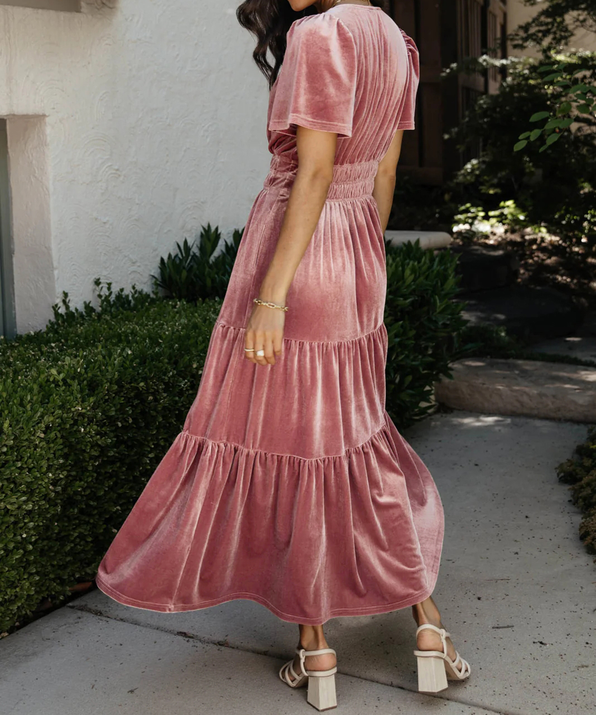 R.Vivimos Women's Fall Winter Vintage Velvet Dress Short Sleeve V Neck Elastic Waist Tiered Ruffle A-Line Elegant Maxi Dress3