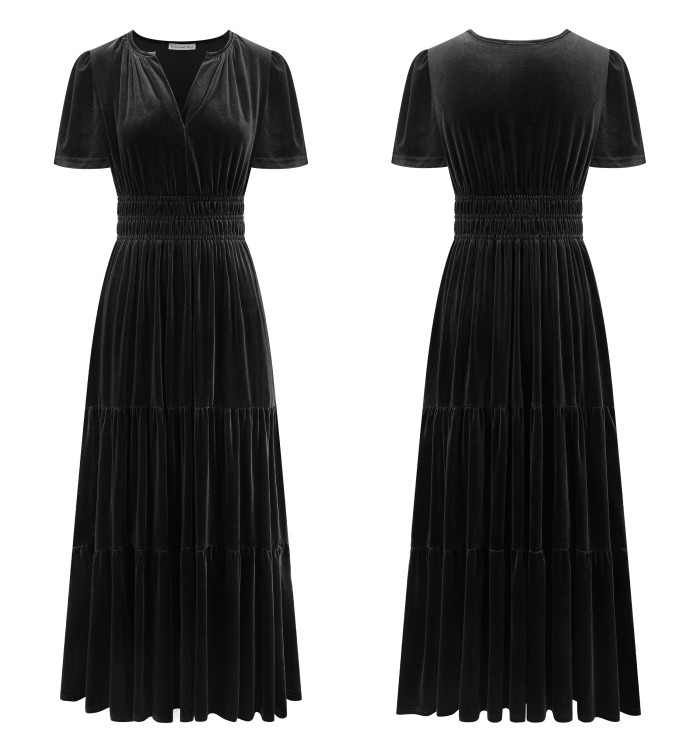 R.Vivimos Women's Fall Winter Vintage Velvet Dress Short Sleeve V Neck Elastic Waist Tiered Ruffle A-Line Elegant Maxi Dress