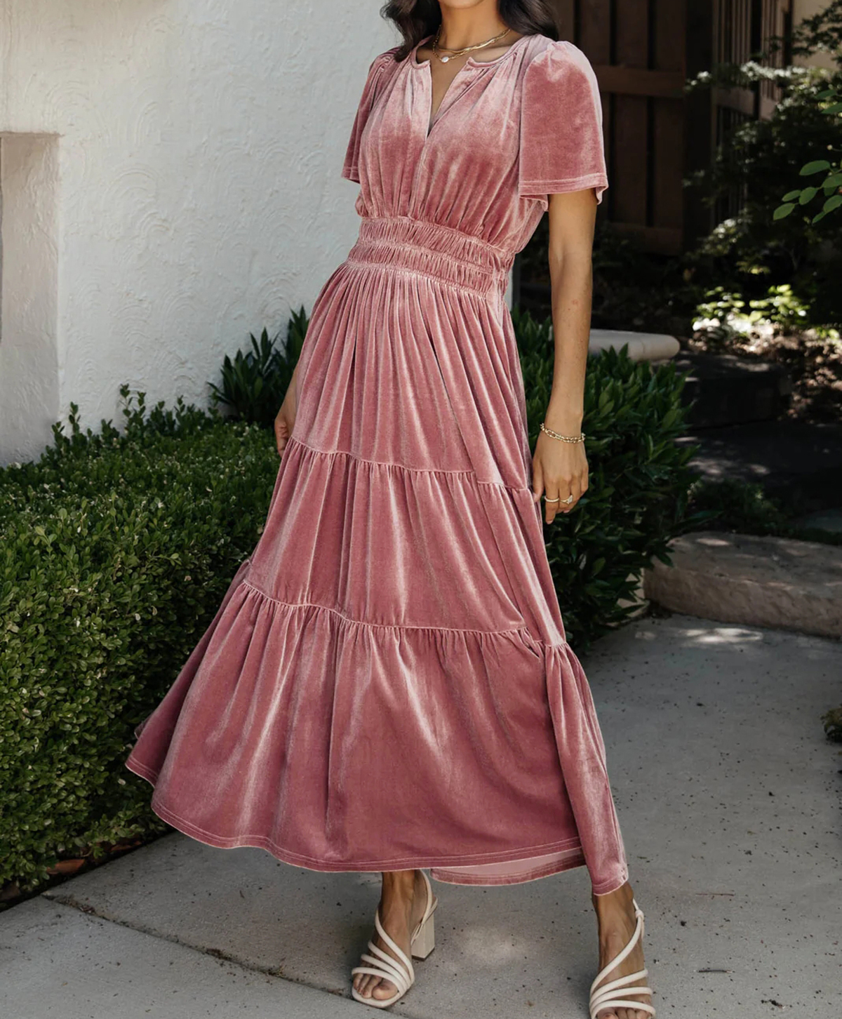 R.Vivimos Women's Fall Winter Vintage Velvet Dress Short Sleeve V Neck  Elastic Waist Tiered Ruffle A-Line Elegant Maxi Dress - Product Details