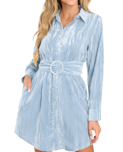 R.Vivimos Women's Shirt Dress Fall Velvet Button Down Long Sleeve Casual Mini Dress with Belt