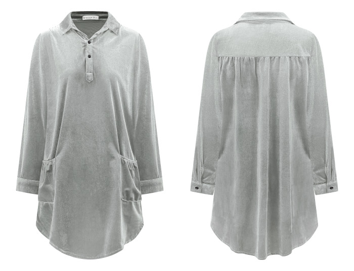 R.Vivimos Womens Velvet Long Sleeve Pocket Casual Mini Shirt Dress