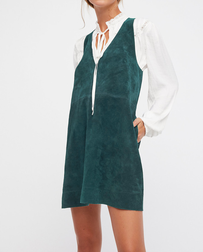 R.Vivimos Women Autumn Suede Vintage V Neck Sleeveless Pockets A Line Dresses