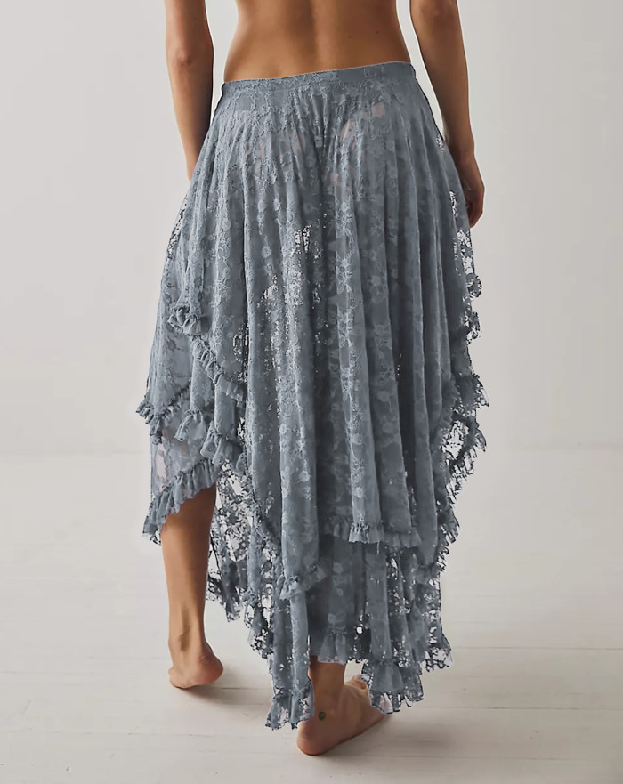 R.Vivimos Women Lace Long Skirts Summer Elastic Asymmetrical Layered Hem Sexy See-Through Beach Floral Maxi Skirts