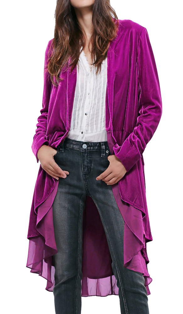 R.Vivimos Womens Ruffled Asymmetric Long Velvet Blazers Coat Casual Jackets