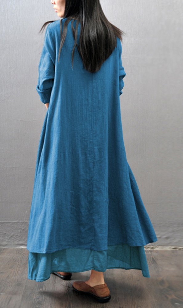 R.Vivimos Women Long Sleeve Cotton Casual Loose Plus Size Irregular Long Dresses
