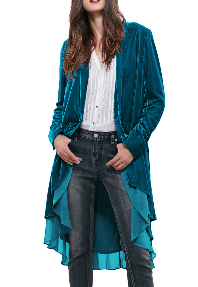 R.Vivimos Womens Ruffled Asymmetric Long Velvet Blazers Coat Casual Jackets