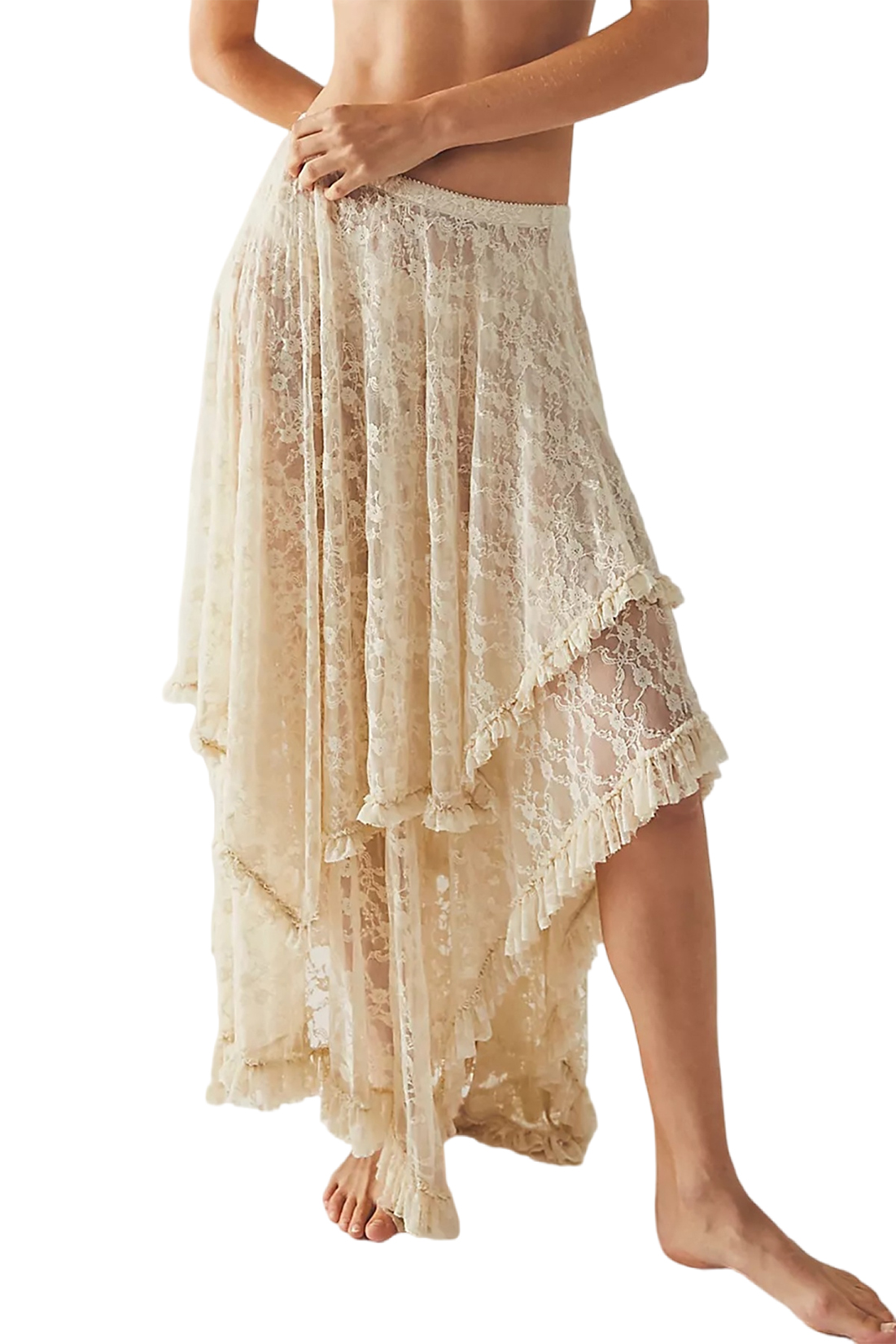 R.Vivimos Women Lace Long Skirts Summer Elastic Asymmetrical