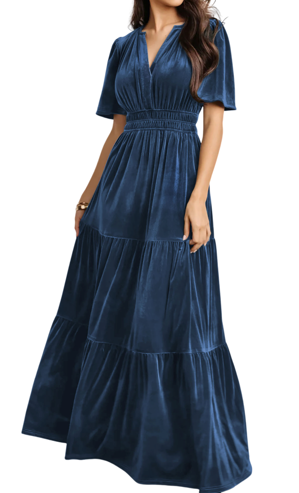 R.Vivimos Women's Fall Winter Vintage Velvet Dress Short Sleeve V Neck Elastic Waist Tiered Ruffle A-Line Elegant Maxi Dress