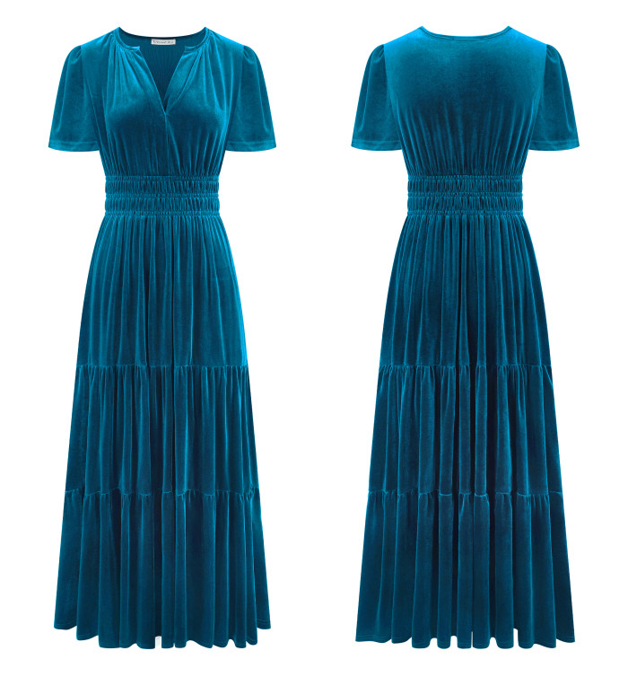 R.Vivimos Women's Fall Winter Vintage Velvet Dress Short Sleeve V Neck Elastic Waist Tiered Ruffle A-Line Elegant Maxi Dress