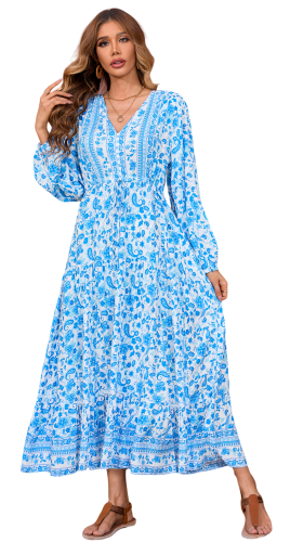 R.Vivimos Women's Long Sleeve Cotton V-Neck Button Up Floral Print Boho Flowy Midi Dresses