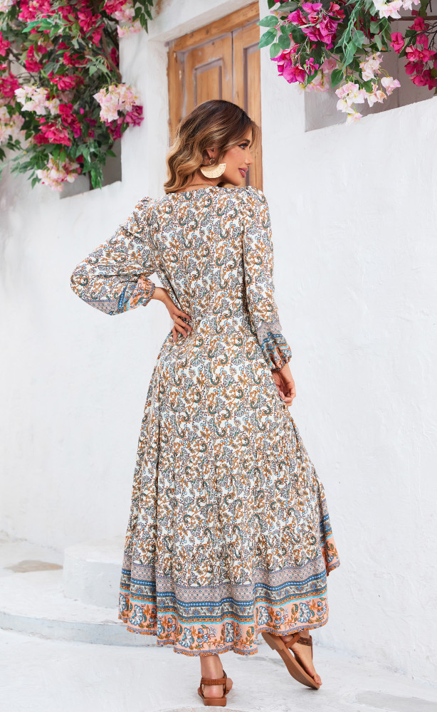 R.Vivimos Women's Long Sleeve Boho Midi Dress V Neck Floral Print Casual Button Down Loose Ruffle Beach Long Dress with Belt