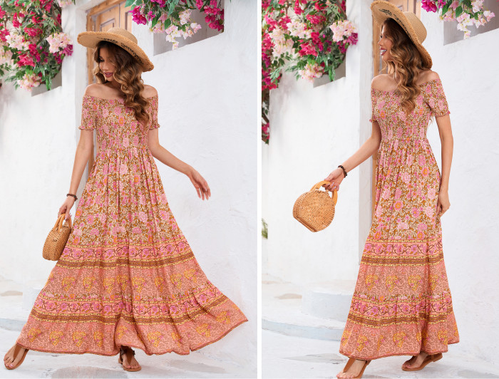 R.Vivimos Women's Summer Maxi Off-Shoulder Dresses Short Sleeve Empire Waist Boho Floral Print Casual Smocked Flowy Dresses