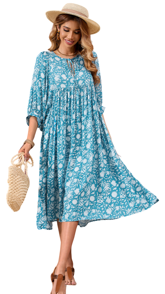 R.Vivimos Womens Summer Casual Midi Dress Lantern Sleeve Tie V Neck Boho Floral Print Loose Fit Flowy Long Dresses