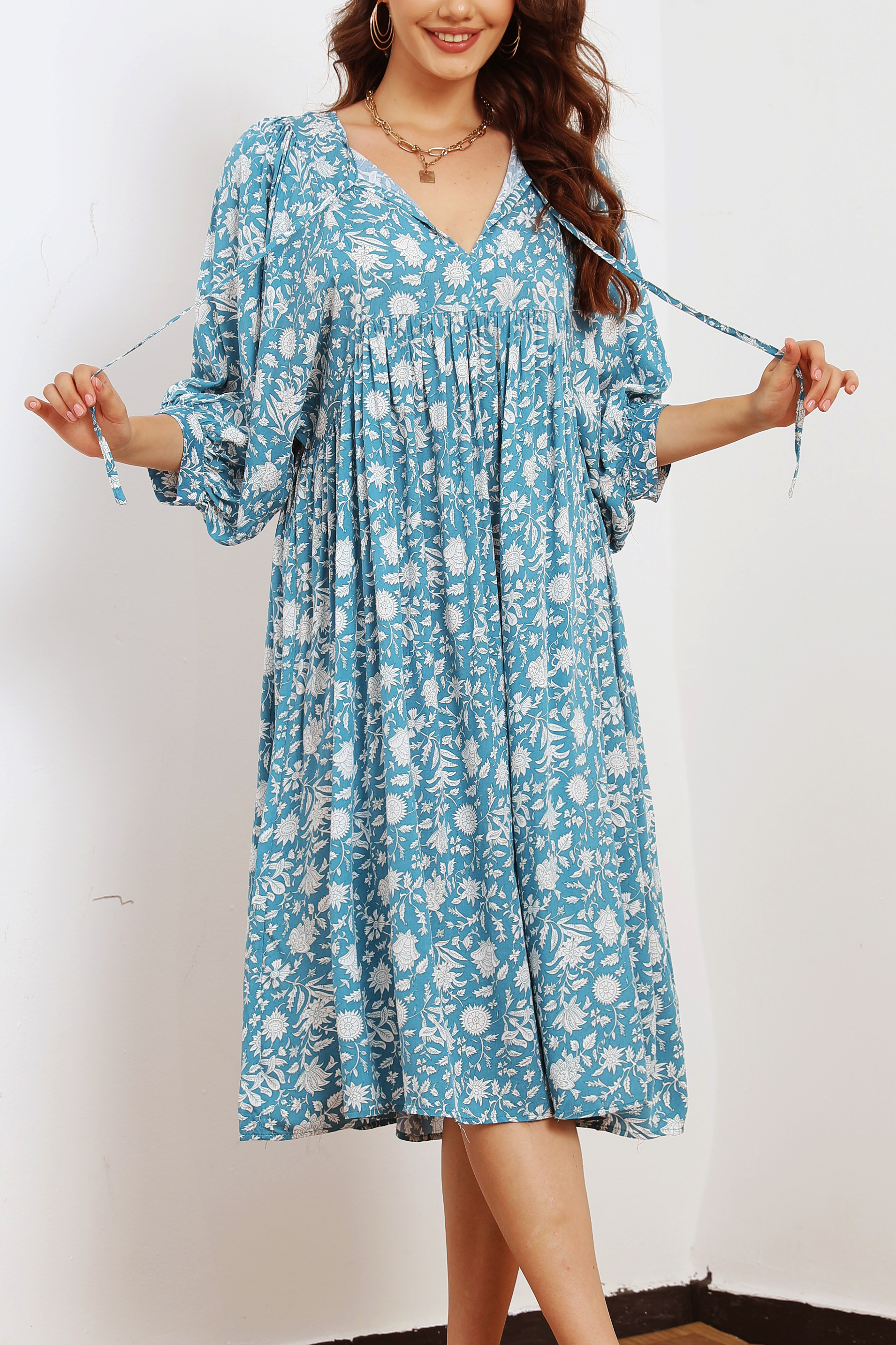 R.Vivimos Womens Summer Casual Midi Dress Lantern Sleeve Tie V Neck Boho  Floral Print Loose Fit Flowy Long Dresses - Product Details