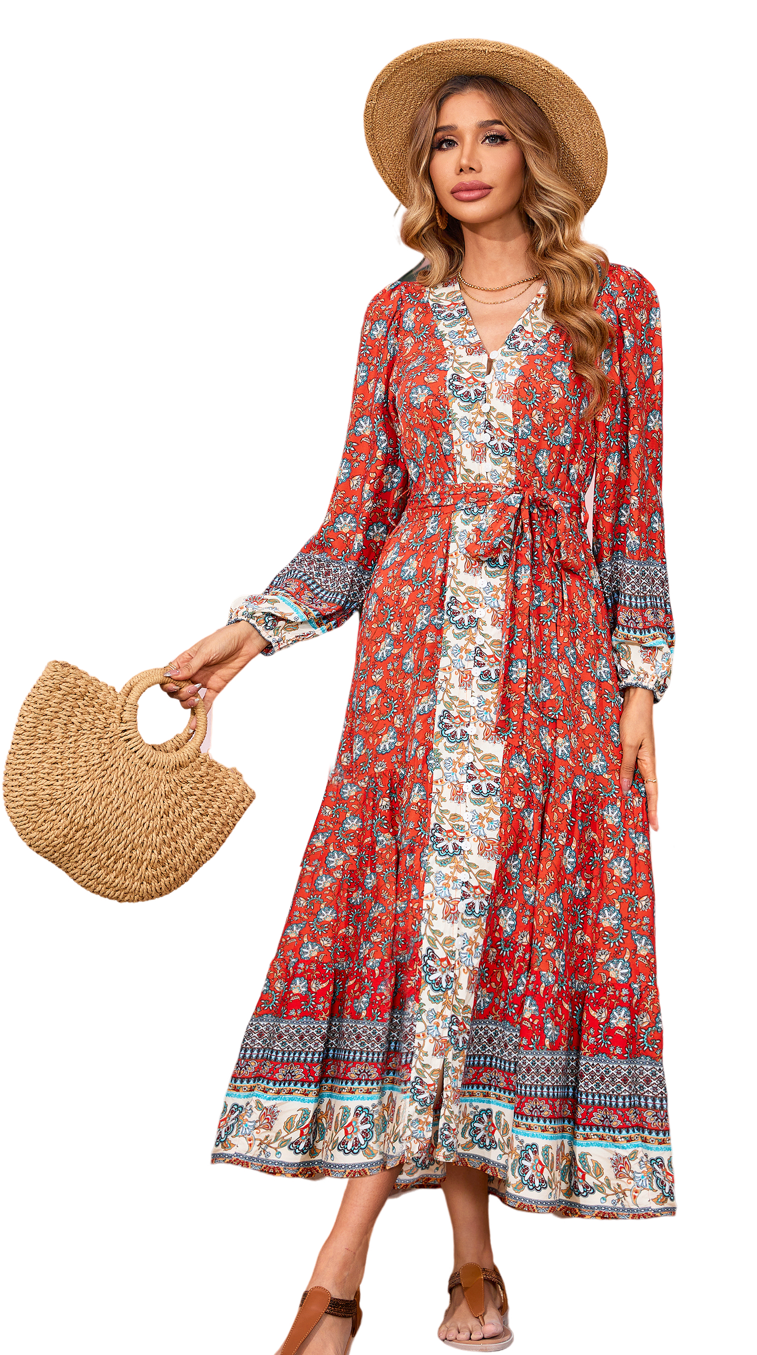 ｖｉｖｉｖｉｖｉ❤️ R.Vivimos Women's Long Sleeve Boho Midi Dress V Neck Floral