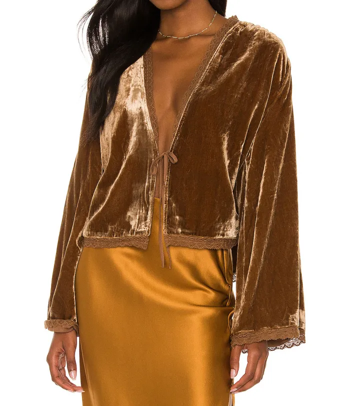 R.Vivimos Women's Fall Velvet Casual Jackets Bell Long Sleeve Tie Front Lace Trim Loose Vintage Kimono Cardigan Short Coat
