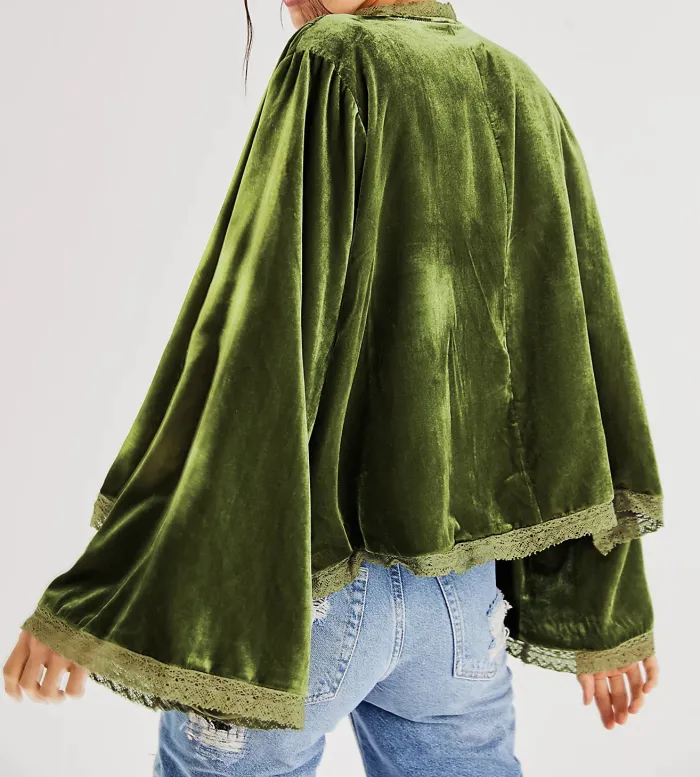 R.Vivimos Women's Fall Velvet Casual Jackets Bell Long Sleeve Tie Front Lace Trim Loose Vintage Kimono Cardigan Short Coat