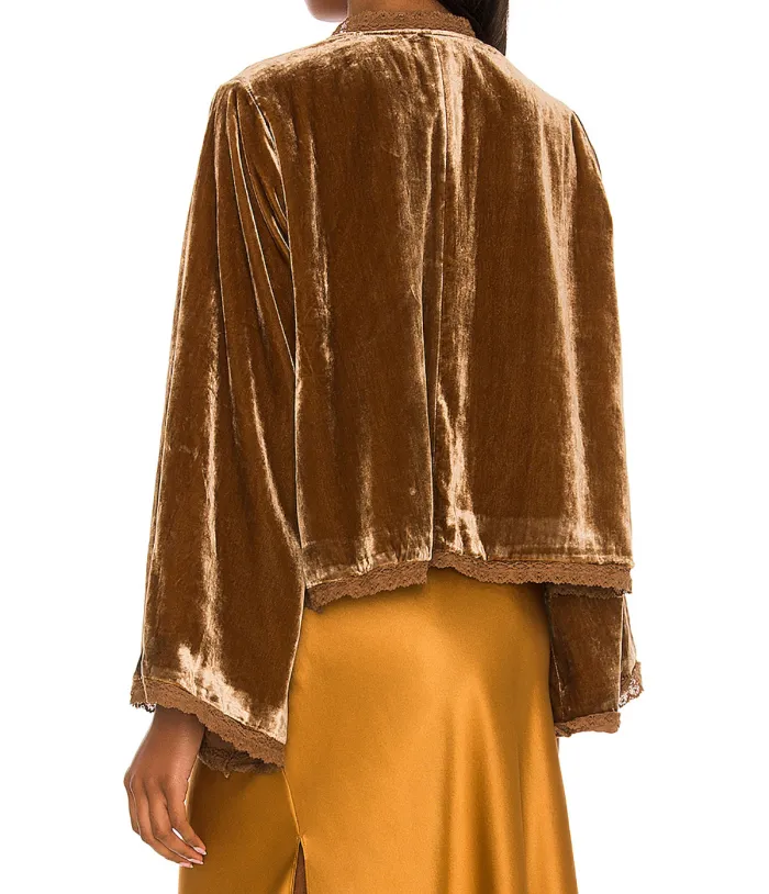 R.Vivimos Women's Fall Velvet Casual Jackets Bell Long Sleeve Tie Front Lace Trim Loose Vintage Kimono Cardigan Short Coat