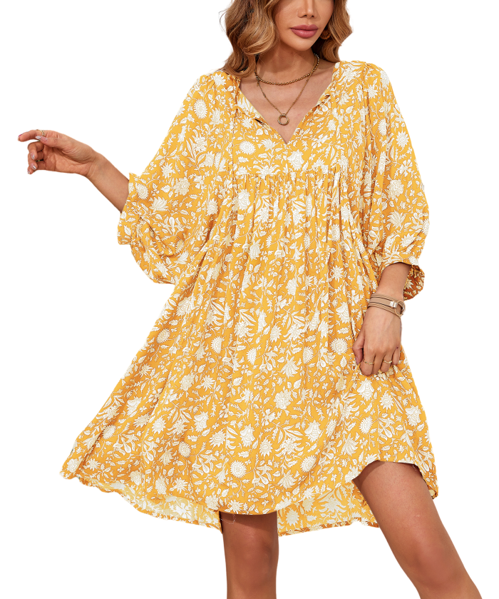R.Vivimos Women's Summer V Neck Casual Dresses Lantern Sleeve Boho Floral Print Loose Flowy Mini Dress