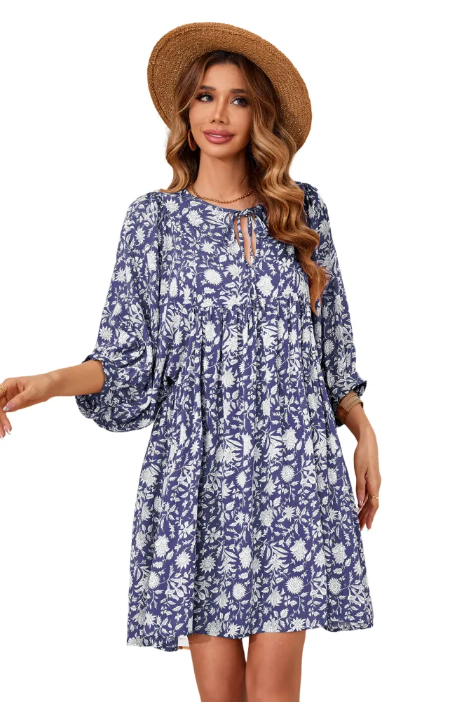 R.Vivimos Women's Summer V Neck Casual Dresses Lantern Sleeve Boho Floral Print Loose Flowy Mini Dress