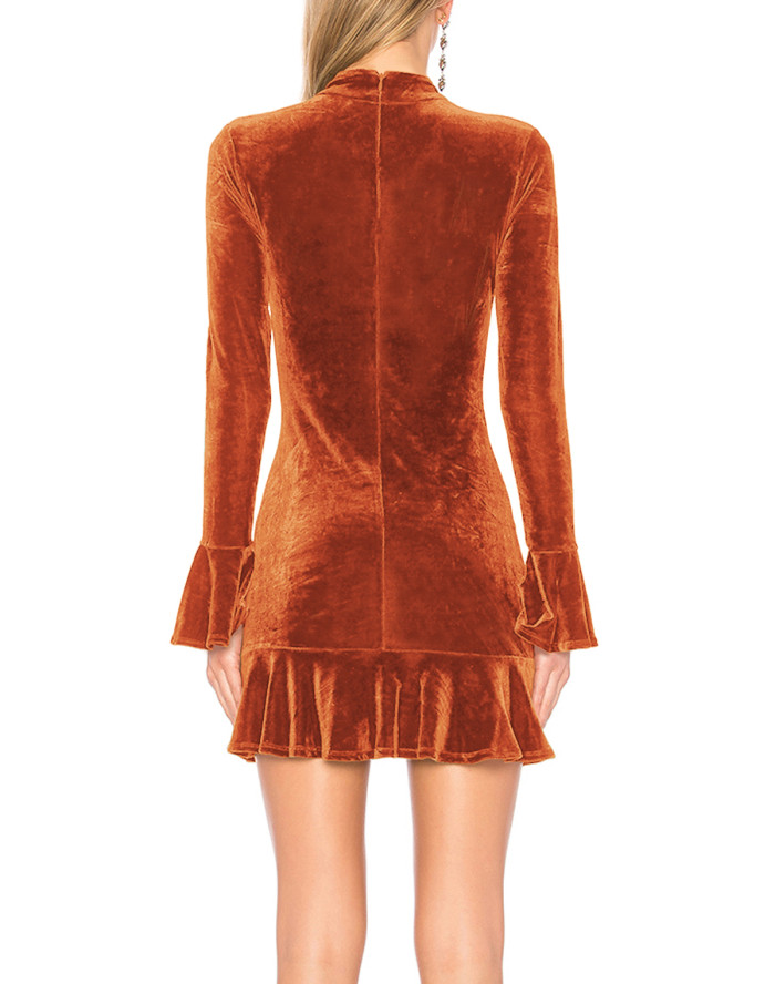 R.Vivimos Women's Winter Long Sleeve Velvet Ruffles Bodycon Mini Dress