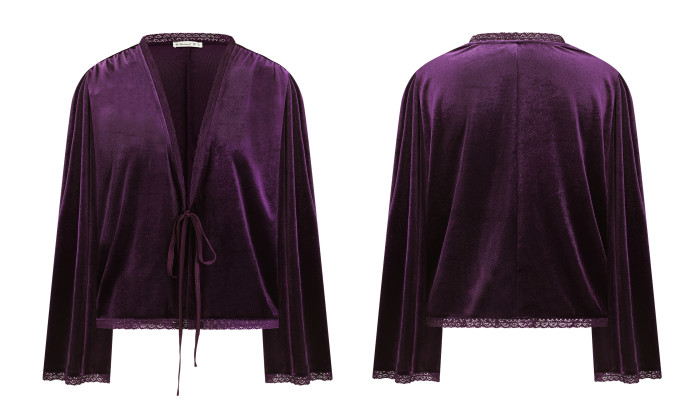 R.Vivimos Women's Fall Velvet Casual Jackets Bell Long Sleeve Tie Front Lace Trim Loose Vintage Kimono Cardigan Short Coat