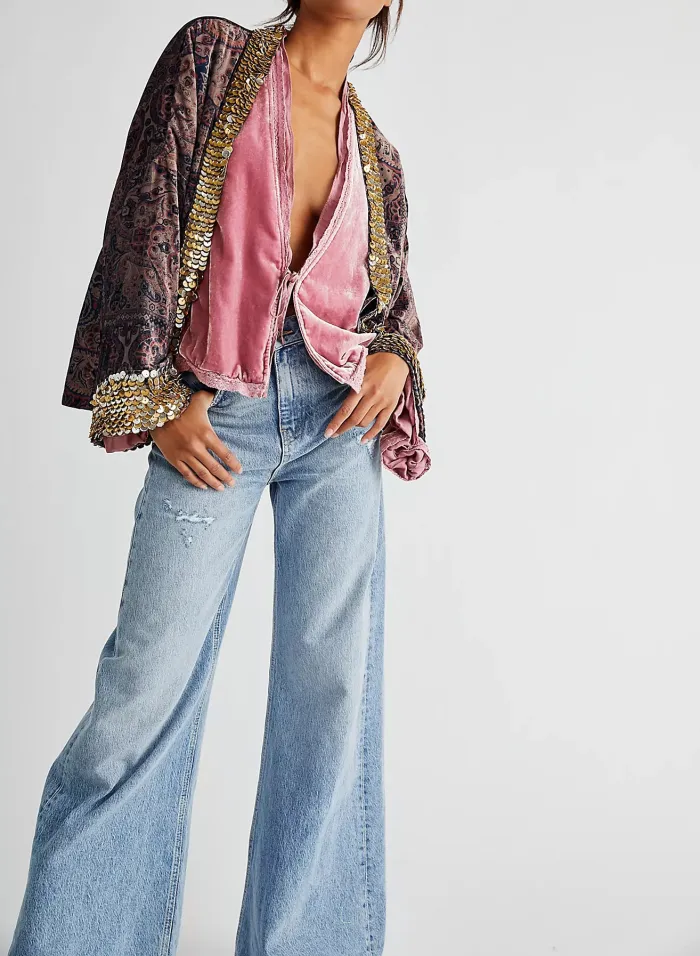 R.Vivimos Women's Fall Velvet Casual Jackets Bell Long Sleeve Tie Front Lace Trim Loose Vintage Kimono Cardigan Short Coat