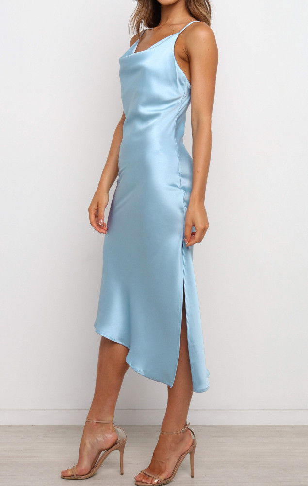 R.Vivimos Women's Satin Dress Spaghetti Straps Side Slit Cowl Neck Irregular Hem Midi Dress