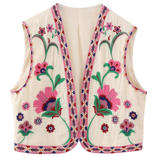 R.Vivimos Women's Cotton Cropped Vest Spring Summer Sleeveless Floral Embroidery Open Front Vintage Cardigan