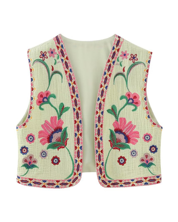 R.Vivimos Women's Cotton Cropped Vest Spring Summer Sleeveless Floral Embroidery Open Front Vintage Cardigan