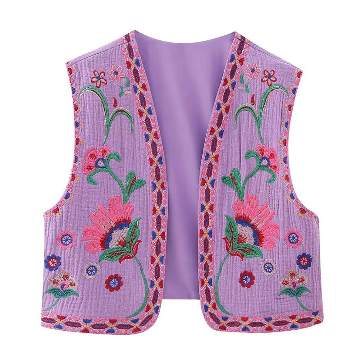 R.Vivimos Women's Cotton Cropped Vest Spring Summer Sleeveless Floral Embroidery Open Front Vintage Cardigan3
