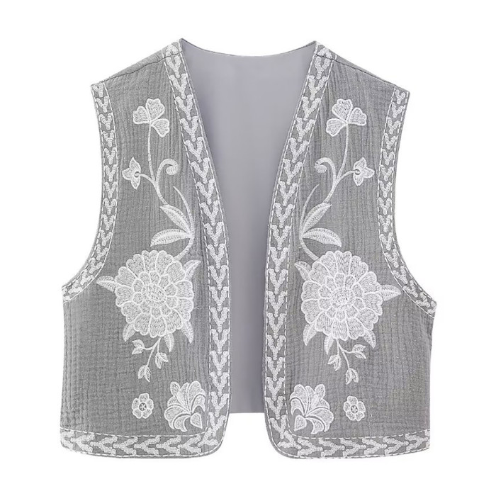 R.Vivimos Women's Cotton Cropped Vest Spring Summer Sleeveless Floral Embroidery Open Front Vintage Cardigan