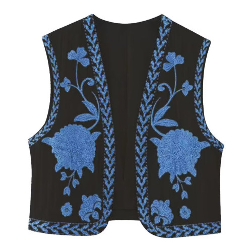 R.Vivimos Women's Cotton Cropped Vest Spring Summer Sleeveless Floral Embroidery Open Front Vintage Cardigan