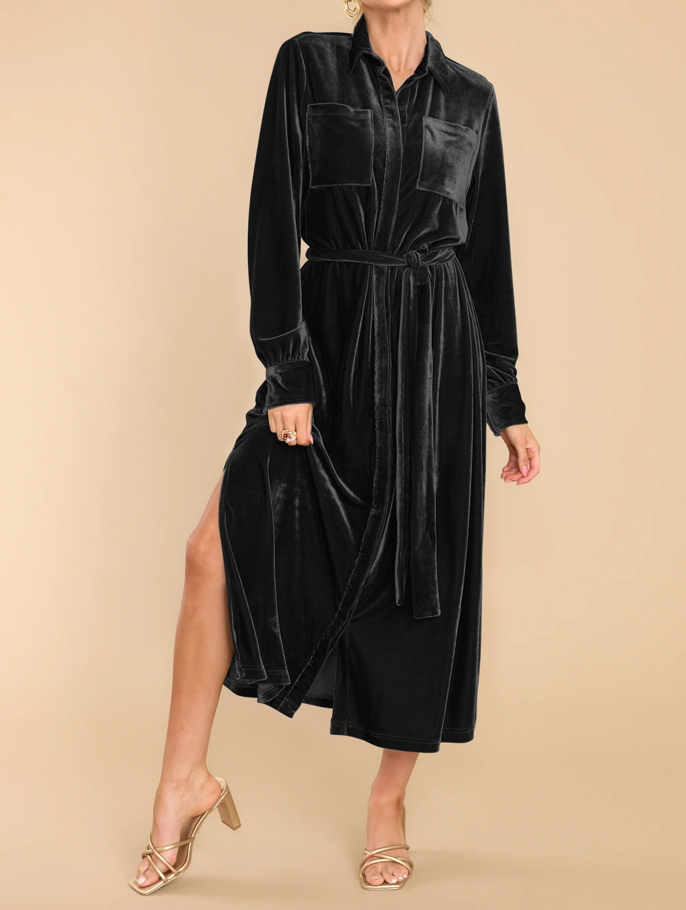 R.Vivimos Women's Fall Long Sleeve Velvet Casual Dresses Button Down Loose Slit Shirt Midi Dress with Belt2