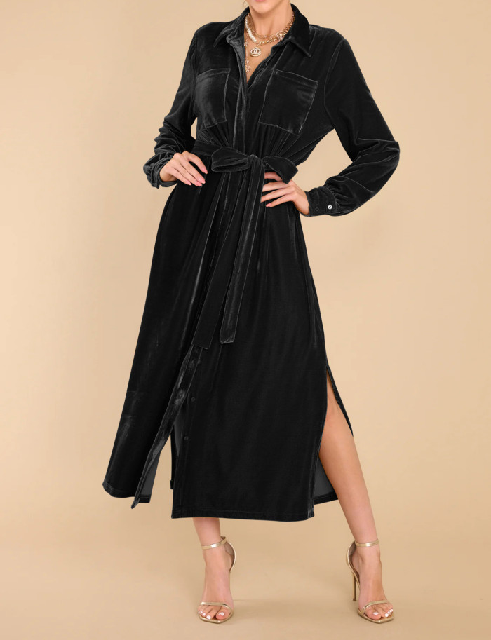 R.Vivimos Women's Fall Long Sleeve Velvet Casual Dresses Button Down Loose Slit Shirt Midi Dress with Belt