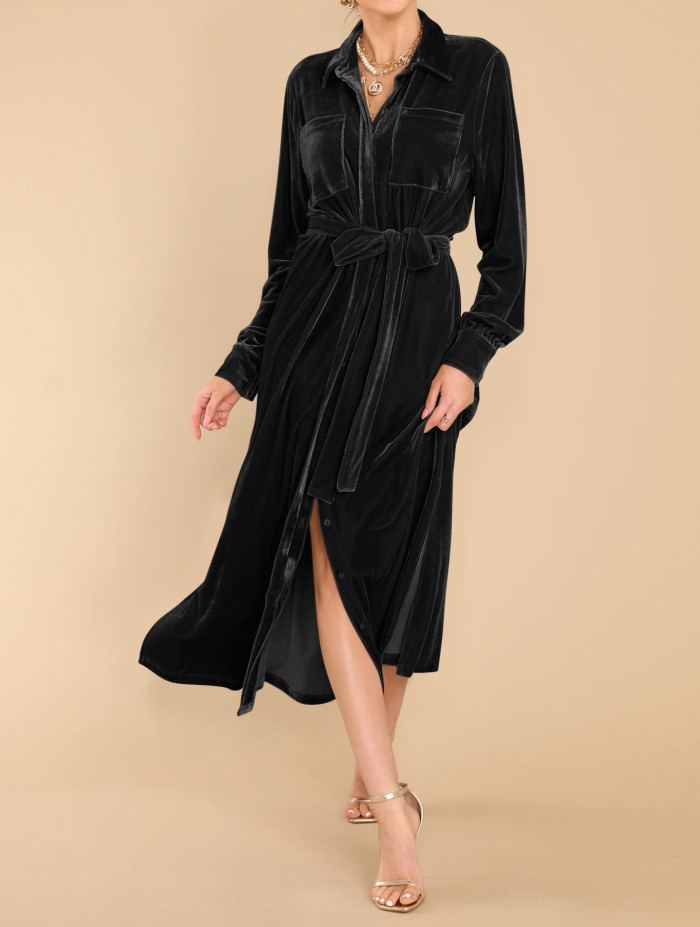 R.Vivimos Women's Fall Long Sleeve Velvet Casual Dresses Button Down Loose Slit Shirt Midi Dress with Belt